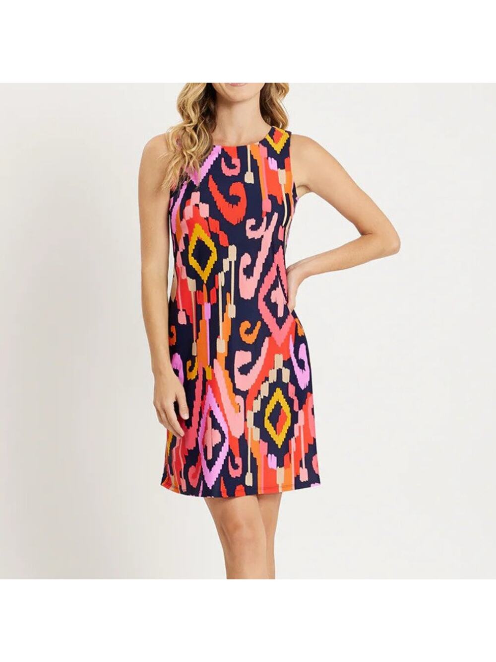 Jude Connally Beth Grand Ikat Navy Print Sleeveless V-neck Packable Shift Dress